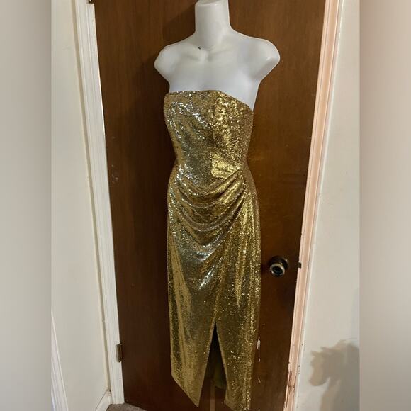LBV gold strapless sequin asymmetrical gown - Picture 1 of 11